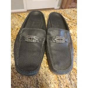 Womens 11 Minnetonka Leather Mules Clogs Black Silver Tone Concho Braid Slip On